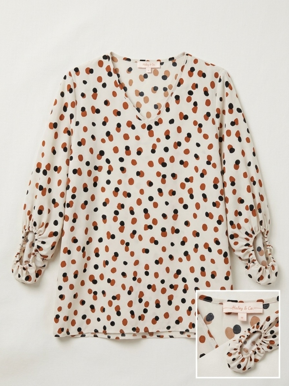 Hailey & Co V-Neck Abstract Polka Dot Bishop Sleeve Top Medium